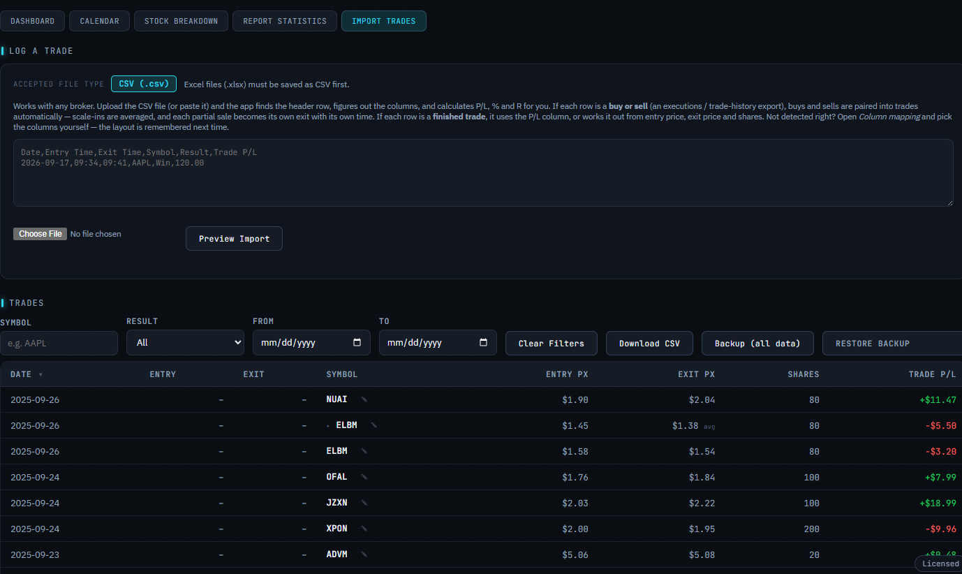 The Import Trades screen in Trader's Journal, showing CSV import and a trade history table